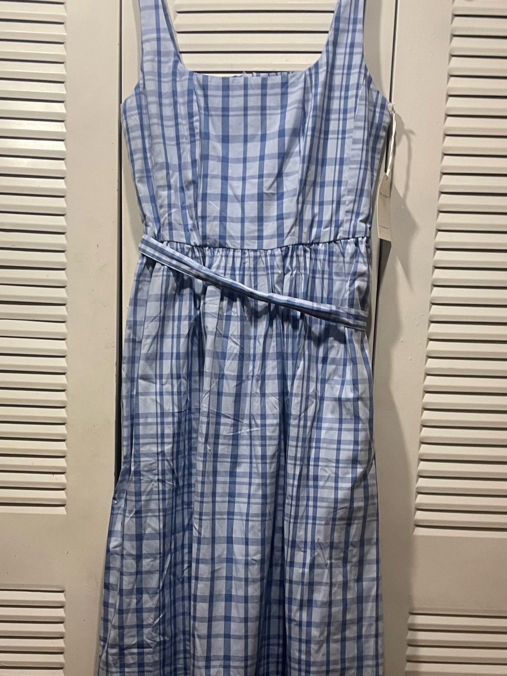 Free Assembly Blue Plaid Square-Neck Midi Dress with side pockets